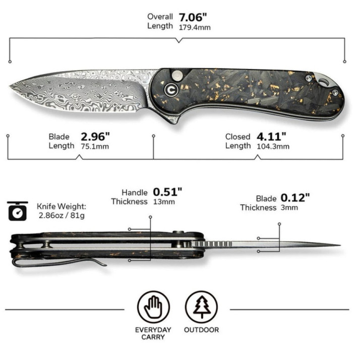 Ніж складаний Civivi Elementum II, (7.5 см) Damascus / Carbon Fiber & Resin (C18062P-10)