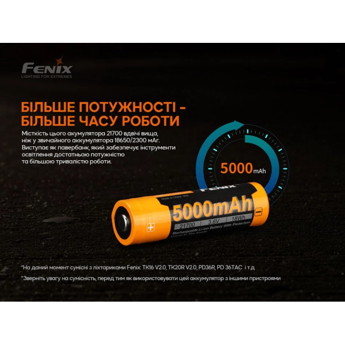 Аккумулятор 21700 Fenix ARB-L21 V2.0 - 5000 mAh (ARB-L21-5000V20)