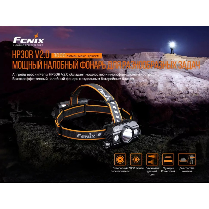 Налобний ліхтар Fenix HP30R V2.0 - XHP50+XP-G3 S4, ANSI 3000 lm, 21700 (HP30RV20)