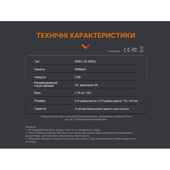 Аккумулятор 18650 Fenix ARB-L18 - 3400mAh micro usb зарядка (ARB-L18-3400U)