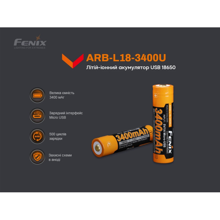 Аккумулятор 18650 Fenix ARB-L18 - 3400mAh micro usb зарядка (ARB-L18-3400U)
