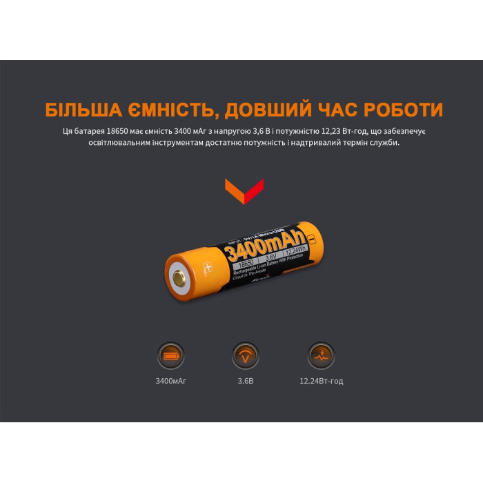 Аккумулятор 18650 Fenix ARB-L18 - 3400mAh micro usb зарядка (ARB-L18-3400U)