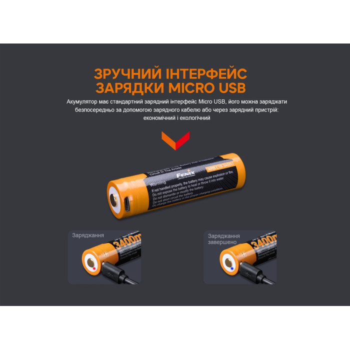 Аккумулятор 18650 Fenix ARB-L18 - 3400mAh micro usb зарядка (ARB-L18-3400U)