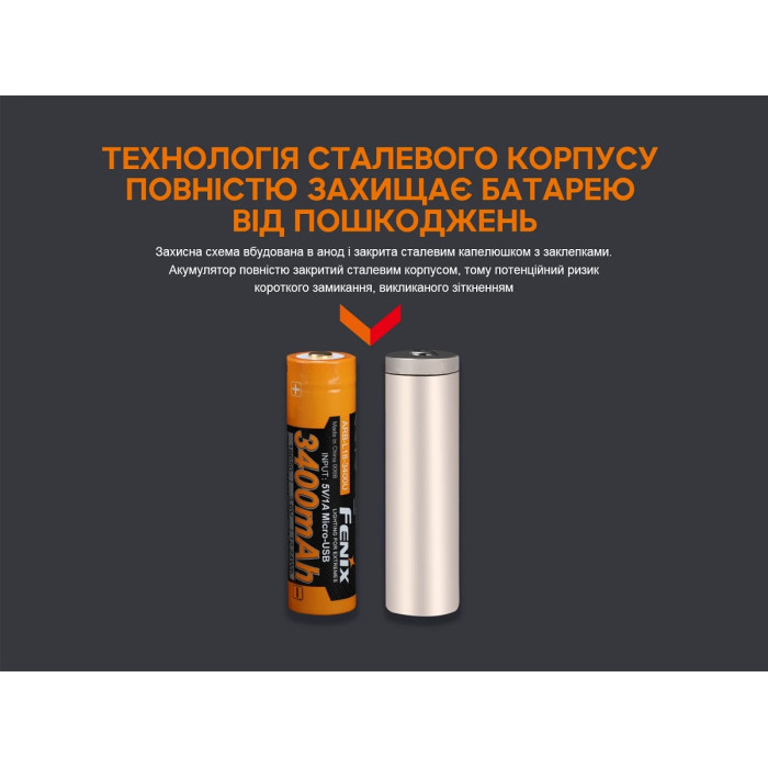 Аккумулятор 18650 Fenix ARB-L18 - 3400mAh micro usb зарядка (ARB-L18-3400U)