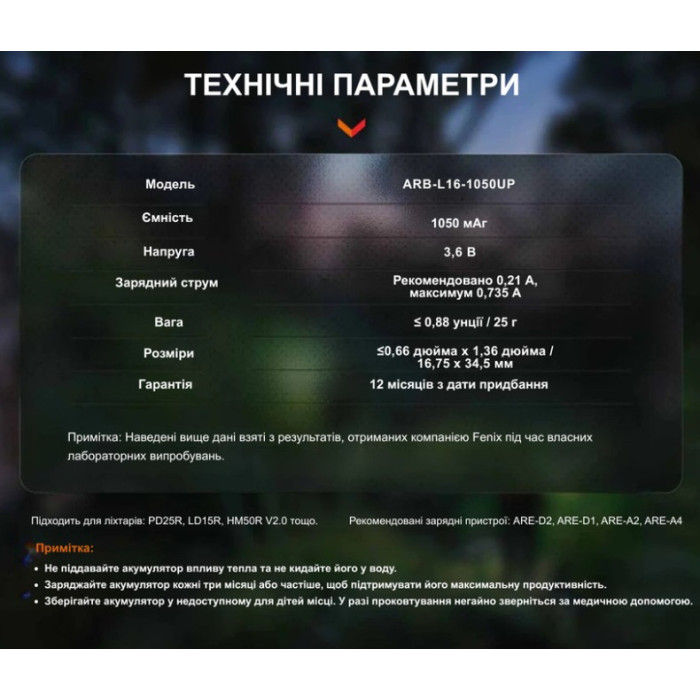 Акумулятор 16340 Fenix (1050 mAh) Type-C (ARB-L16-1050UP)