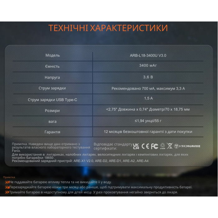 Акумулятор 18650 Fenix 3400 mAh Type-C V3.0 (ARB-L18-3400U-V30)