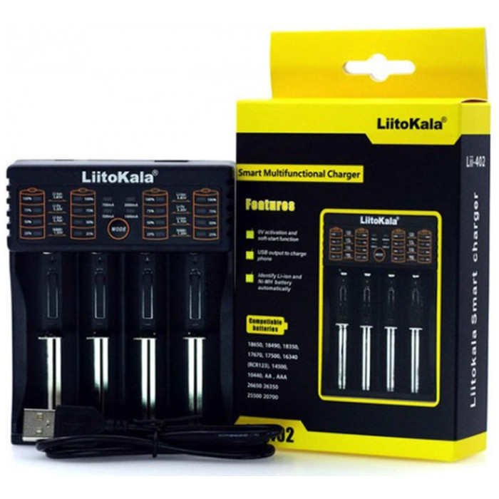 Зарядний пристрій Liitokala Lii-402, Ni-Mh/Li-ion/Li-Fe/LiFePO4, USB, Powerbank, LED, Box (Lii-402)
