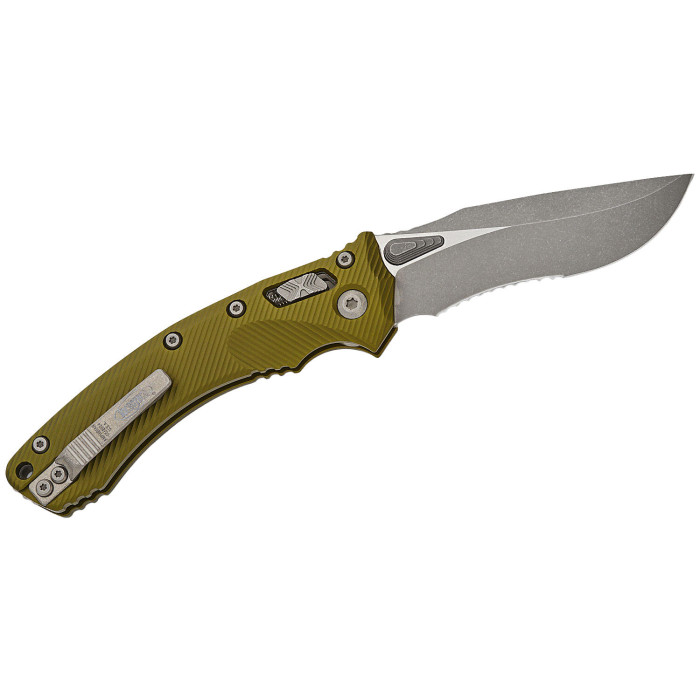 Нож складной Microtech Amphibian Ram-Lok, клинок полусеррейтор, Apoc Fluted, рукоятка G10 OD Green (137RL-11APFLOD)