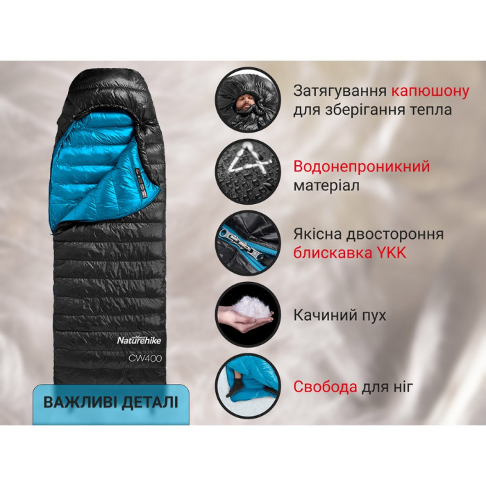 Спальний мішок Naturehike CW400 NH18C400-D, p-р M, Yellow-Grey (6927595794555)