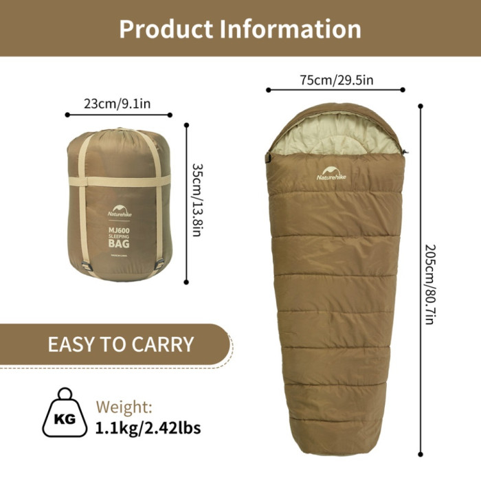 Спальний мішок Naturehike MJ600 CNK2300SD014, Brown (6976023923098)