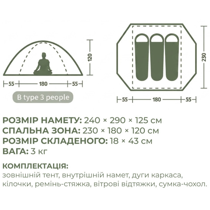 Палатка трехместная Naturehike Bleik Series Tent CNK2550WS038, зеленая (6977465863492)