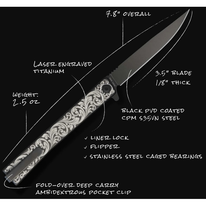 Ніж складаний Ocaso Engraved Titanium Solstice, Scroll + Black Blade (10ESB)