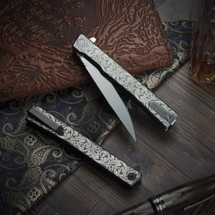 Ніж складаний Ocaso Engraved Titanium Solstice, Scroll + Satin Blade (10ESS)