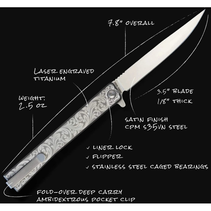 Ніж складаний Ocaso Engraved Titanium Solstice, Scroll + Satin Blade (10ESS)