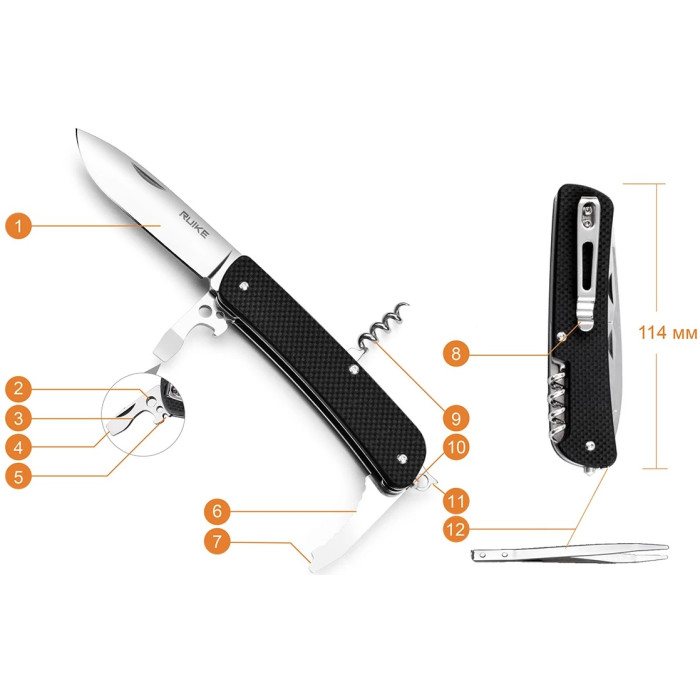 Ніж багатофункціональний Ruike Criterion L21, (8.5 см) 12C27 / G10 коричневий 12 інстр. (L21-N)
