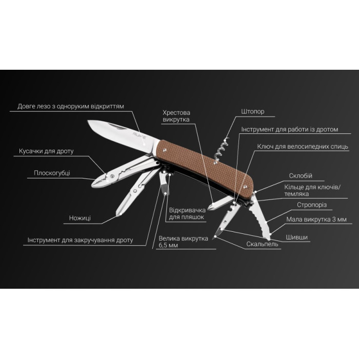 Нож многофункциональный Ruike Criterion L41, (8.5 см) 12C27 / G10 коричневый, 22 инстр. (L41-N)