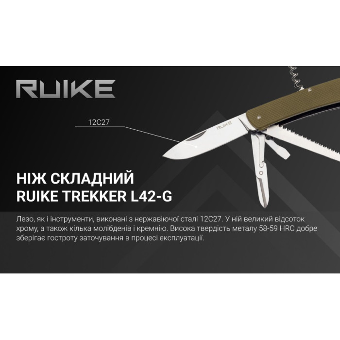 Нож многофункциональный Ruike Criterion L42, (8.5 см) 12C27 / G10 зеленый, 19 инстр. (L42-G)