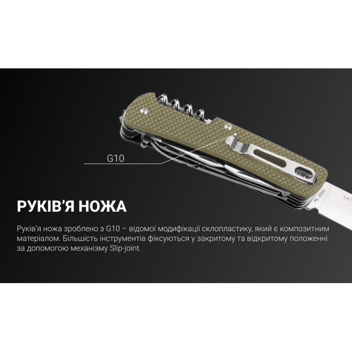 Нож многофункциональный Ruike Criterion L42, (8.5 см) 12C27 / G10 зеленый, 19 инстр. (L42-G)
