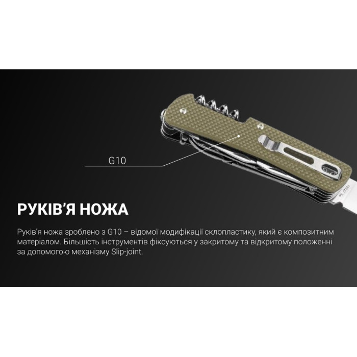 Ніж багатофункціональний Ruike Criterion L51, (8.5 см) 12C27 / G10 зелений, 23 інстр. (L51-G)