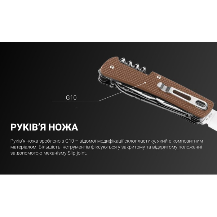 Ніж багатофункціональний Ruike Criterion L51, (8.5 см) 12C27 / G10 коричневий, 23 інстр. (L51-N)