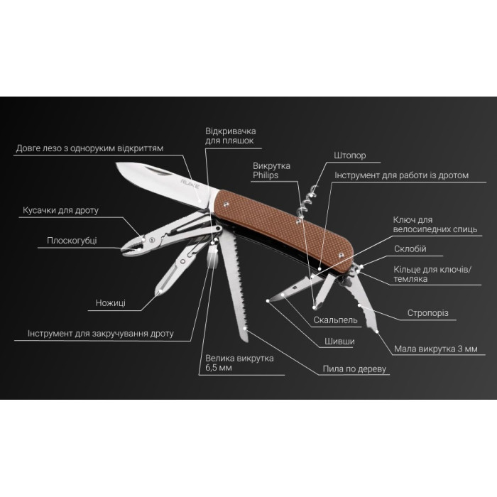 Ніж багатофункціональний Ruike Criterion L51, (8.5 см) 12C27 / G10 коричневий, 23 інстр. (L51-N)
