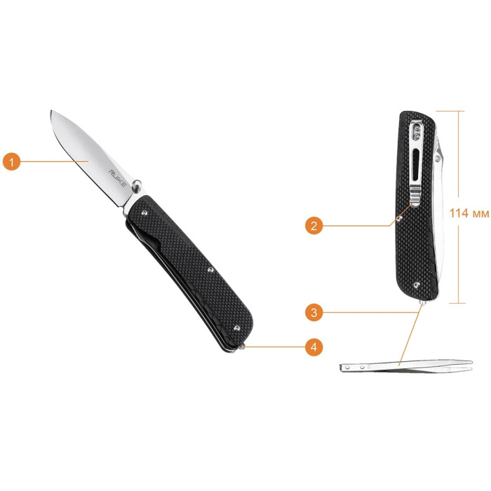 Нож многофункциональный Ruike Trekker LD11-B, (8.5 см) 12C27 / G10 черный, 3 инстр. (LD11-B)