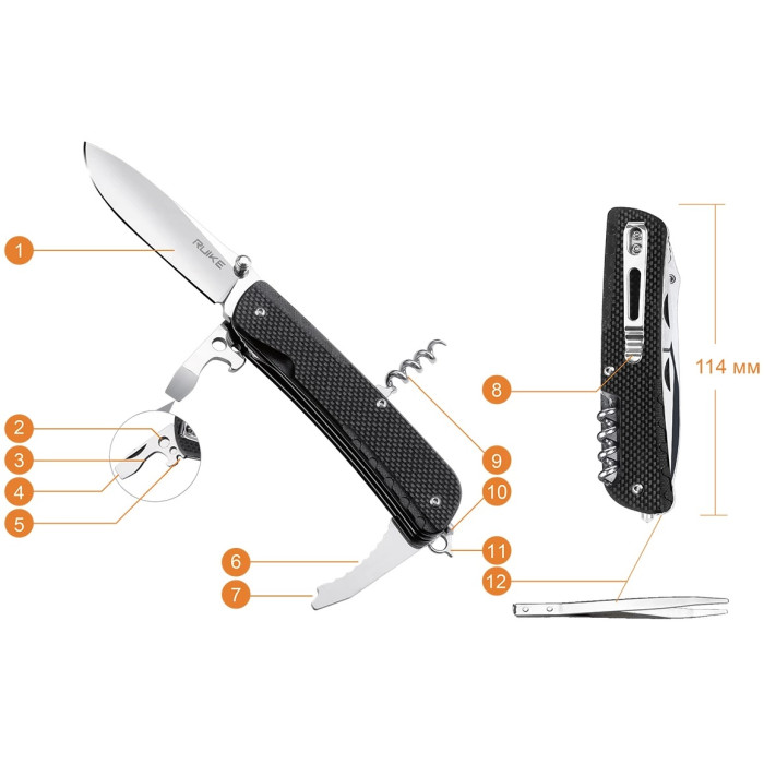 Нож многофункциональный Ruike Trekker LD21-B, (8.5 см) 12C27 / G10 черный, 12 инстр. (LD21-B)