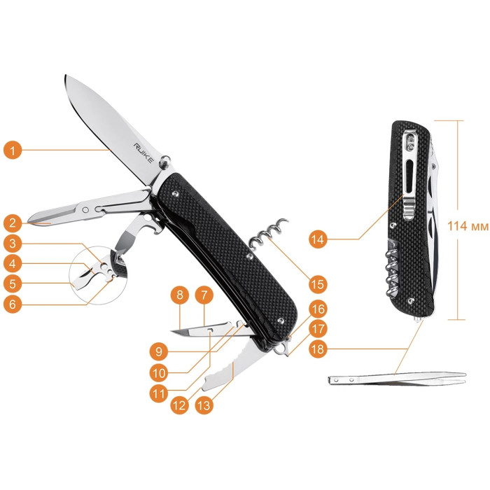 Ніж багатофункціональний Ruike Trekker LD31-B, (8.5 см) 12C27 / G10 чорний, 14 інстр. (LD31-B)