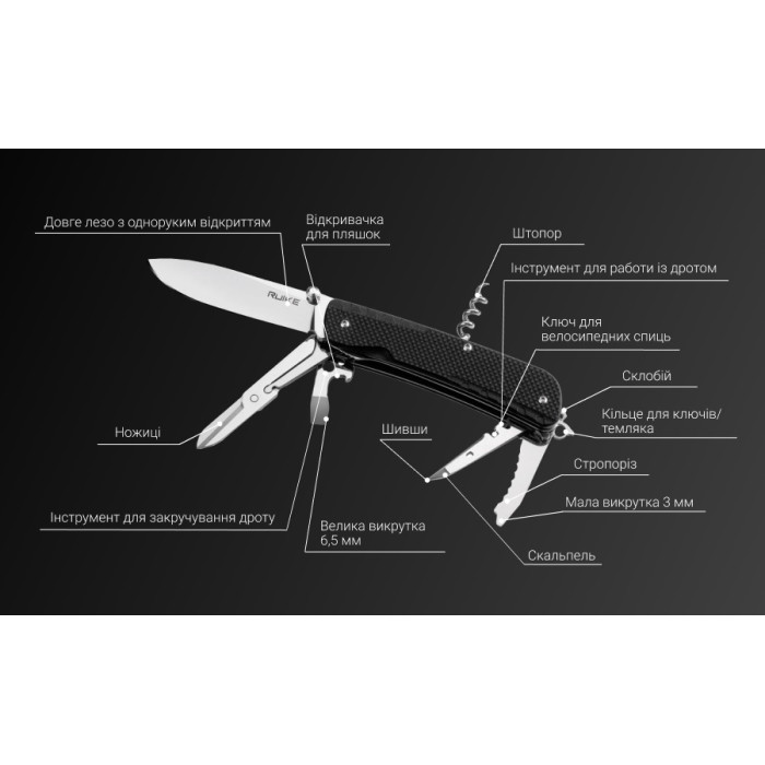 Ніж багатофункціональний Ruike Trekker LD31-B, (8.5 см) 12C27 / G10 чорний, 14 інстр. (LD31-B)