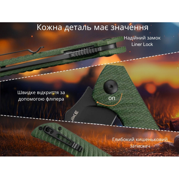 Ніж складаний Ruike P123-MG, (9.2 см) 14C28N / мікарта темно-зелений (P123-MG)