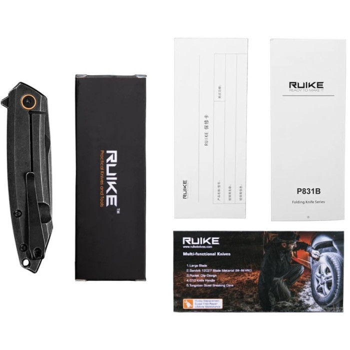 Ніж складаний Ruike P831S-SB, (8.5 см) 14C28N / 3cr14n чорний (P831S-SB)
