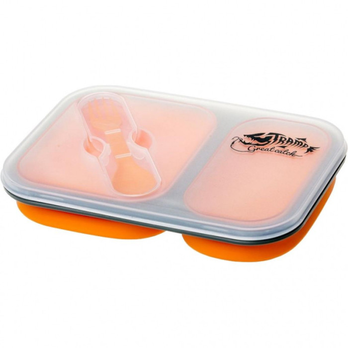 Контейнер силіконовий на 2 відсіки з ложкой-виделкой Tramp 900ml orange (TRC-090-orange)