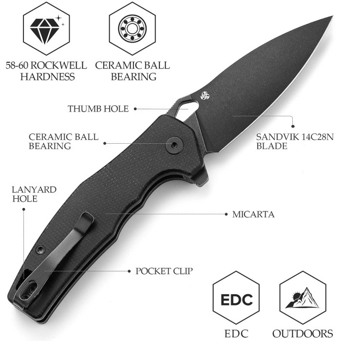 Нож складной Trivisa Corvus-04B, черный, 14C28N, микарта (TY20-BM-14)