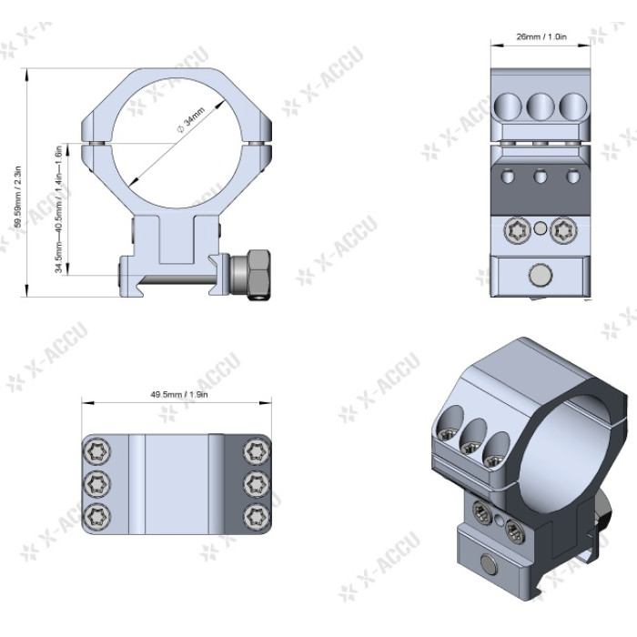 Кільця Vector Optics X-Accu 34 mm на Вівер/Пікатінні з регульованою висотою 34.5-40.5 mm (XASR-3050)